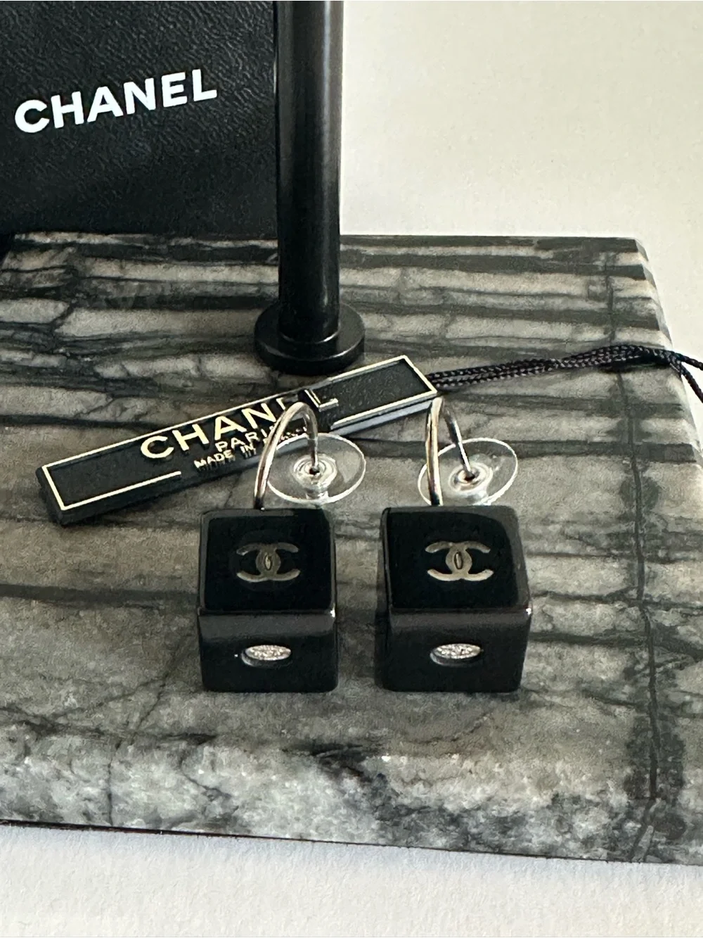 CHANEL 2003 03A Black Resin CC Cube Dice Hoop Drop Earrings